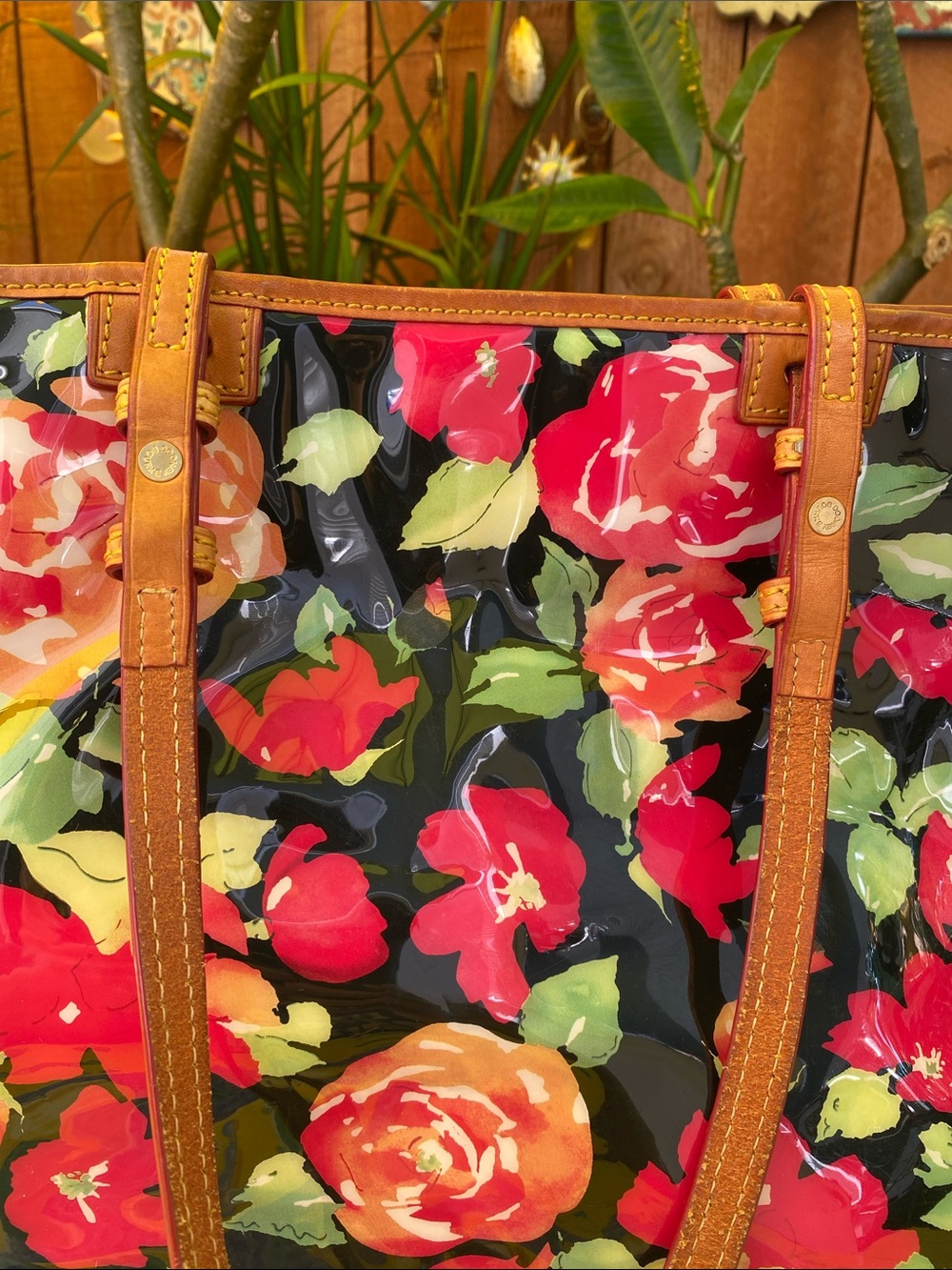 Dooney & Bourke Black Floral Coated Tote with Tan Leather Handles - Picture 14 of 16